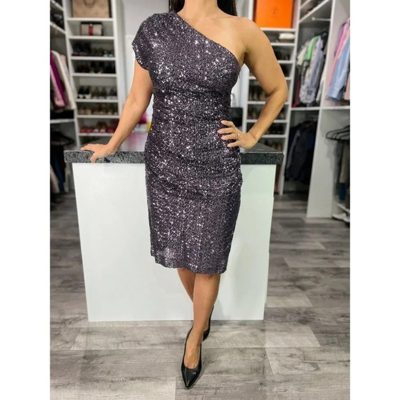 Julian Joyce by Mandalay Rare Purple Sequined One Shoulder Midi Dress $495 - Picture 3 of 12